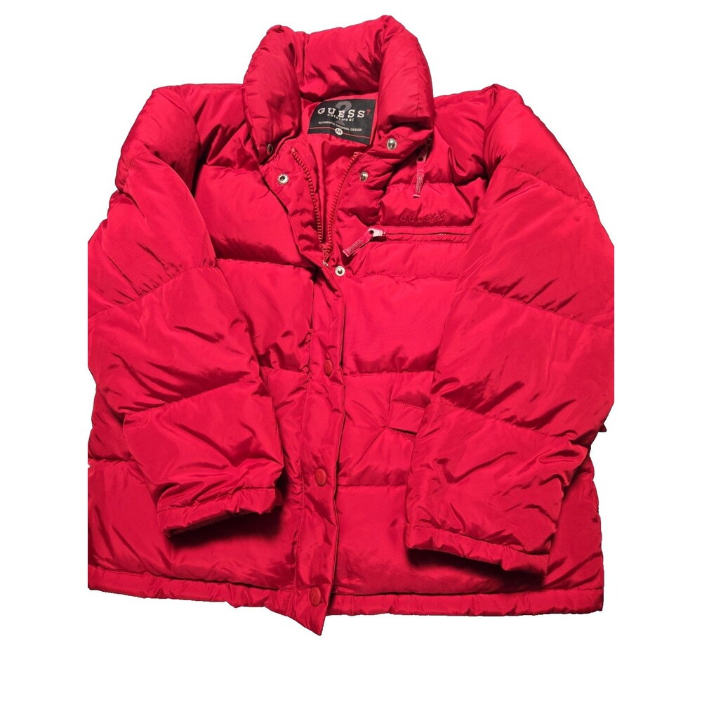 Guess Men’s Med Red Hooded Down Puffer Jacket Zipper Excellent Condition